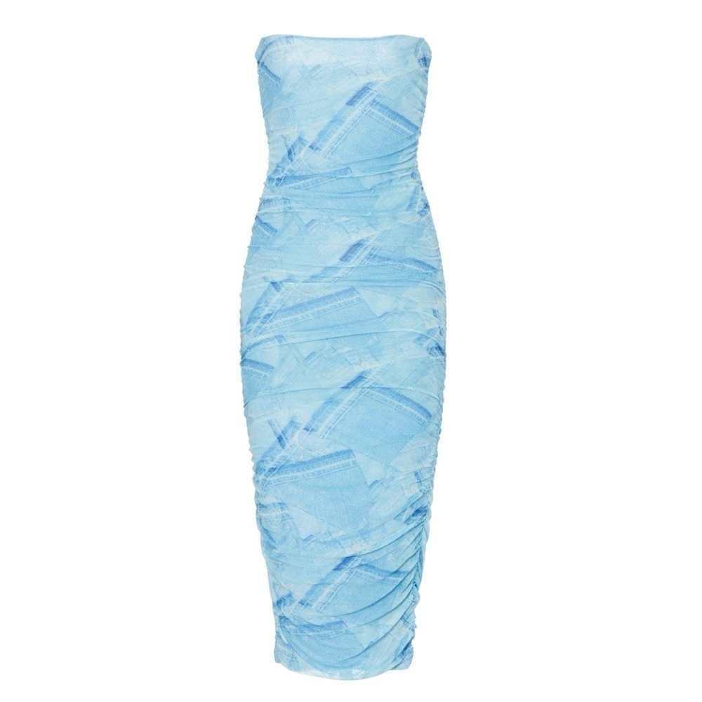 Good American Strapless Patchwork Denim Dress